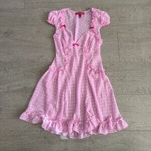 Betsey Johnson Intimates Pink Polka Dot Ruffle Babydoll Nightgown S